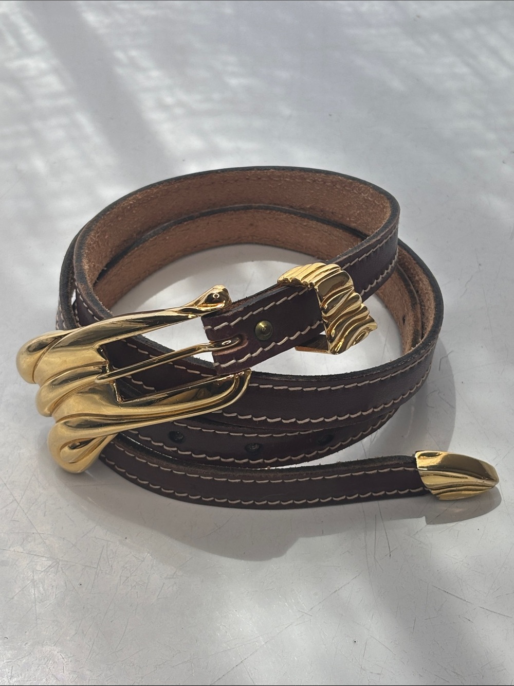 VTG 1983 Calderon Brown Leather Belt with Gold-Tone Sculpted Buckle